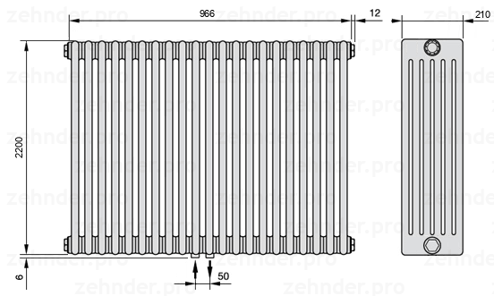 Схема (чертеж) Радиатор Zehnder Charleston 6220/21 №3470 Белый глянцевый RAL 9016